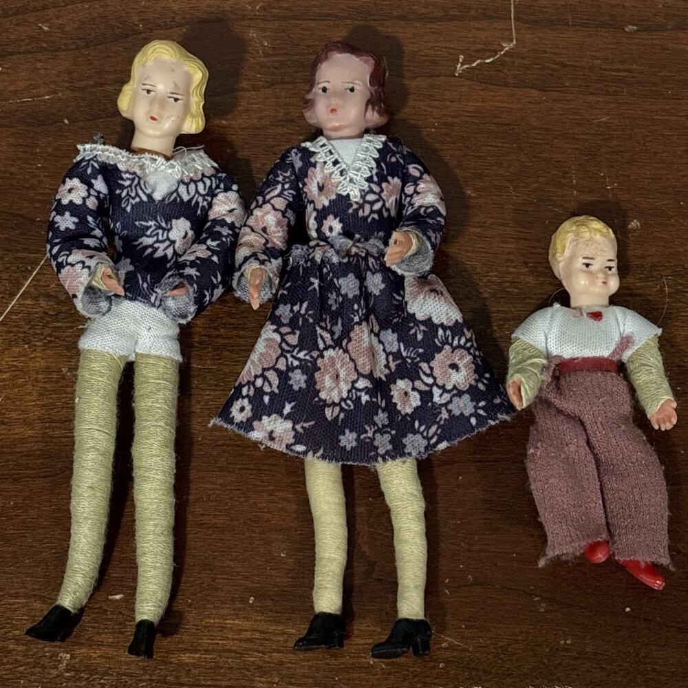 German Caco Dollhouse Family Lot of 3 Thread Wrapped Posable Mother Son Vintage